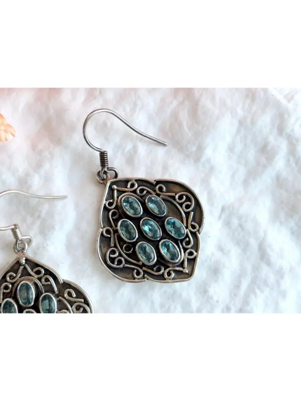 Blue Topaz Gemstone Oval Balinese Inspired Sterling Silver Vintage 925 Earrings - Picture 2 of 14